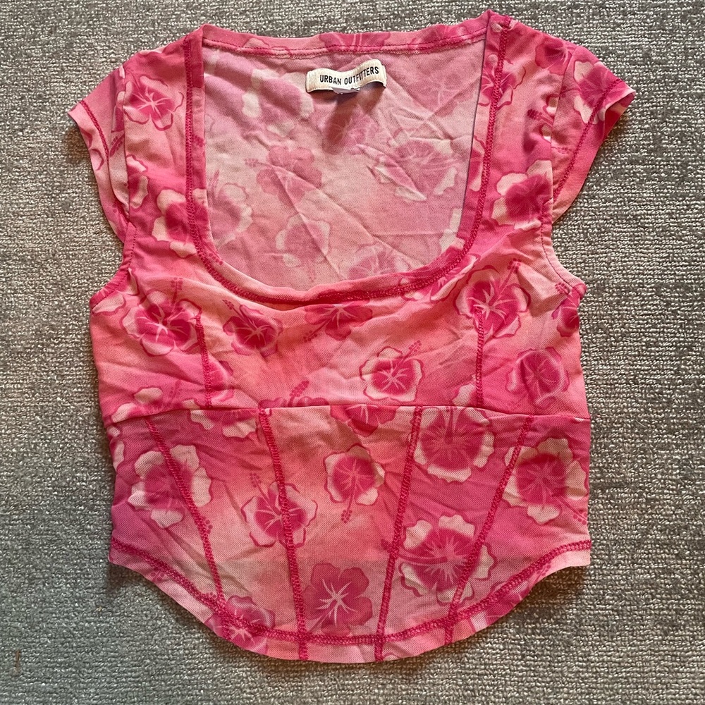 Urban Outfitters pink hibiscus flower crop top size S/M